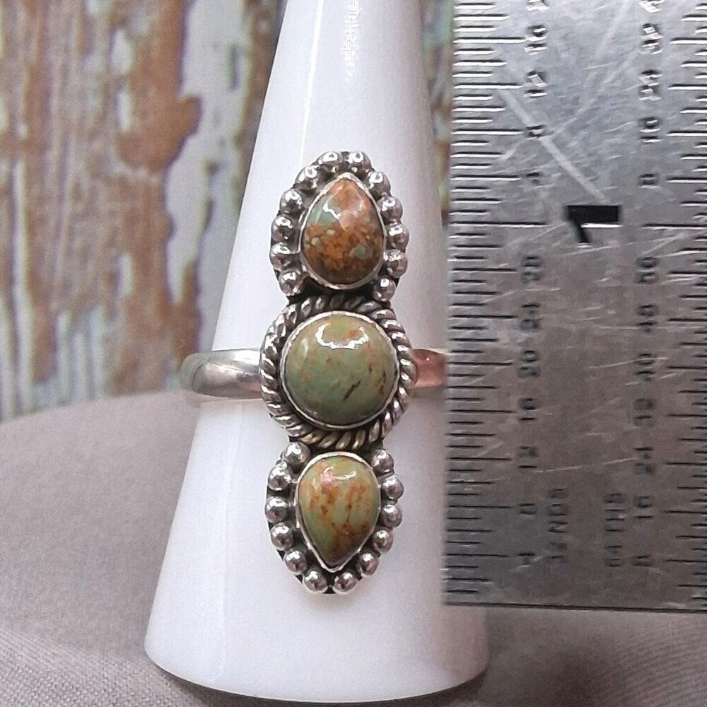 Sterling Silver Royston Turquoise Ring size 9 Dark Green 3 Stone Southwestern - Picture 7 of 10